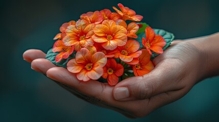  a person's hand holding a bunch of orange flowers with green leaves in the middle of the palm of their hand.