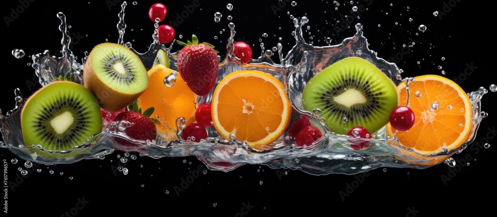 Poster various citrus fruits are splashing in water against a black backdrop, creating a visually captivati