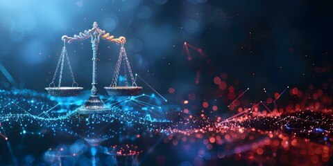 Symbolism of scales in the modern digital law concept depicting jurisprudence and justice system. Concept Law concept, Scales symbolism, Jurisprudence, Justice system, Modern digital approach - obrazy, fototapety, plakaty