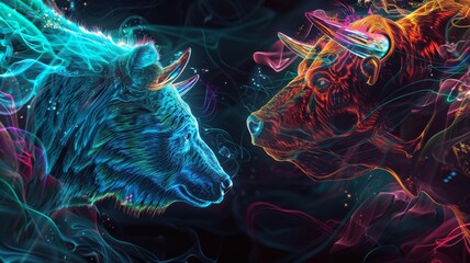 Neon-lit bull and bear with a magical twist - A neon-lit, vivid representation of a bull and bear face-to-face, conveying the magical dance between market forces