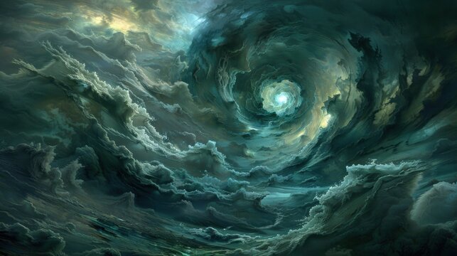 a painting of a storm in the middle of a body of water with a light at the end of it.