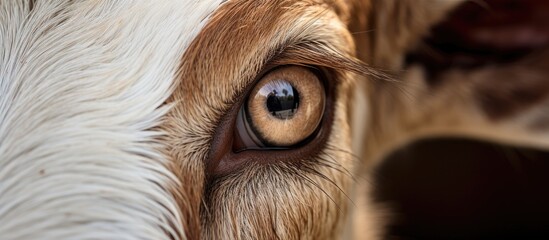A closeup of a carnivores eye with long eyelashes, belonging to a fawncolored dog breed. The dogs livercolored snout and ear are also visible, portraying it as a working animal