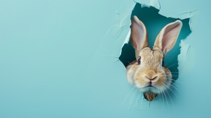Rabbit peeking through torn blue paper - A curious rabbit peeks through a perfectly torn circular hole in a blue background, engaging the viewer