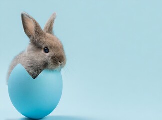 Cute Easter bunny hatching from blue Easter egg isolated on pastel blue background