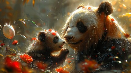 Obraz premium a couple of panda bears standing next to each other on top of a field of flowers with bubbles in the air.