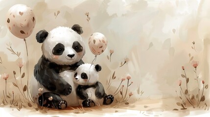  a couple of panda bears sitting next to each other on top of a field of flowers with balloons in the air.