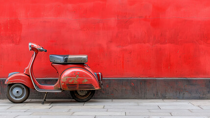 A vintage red scooter parked against a red wall