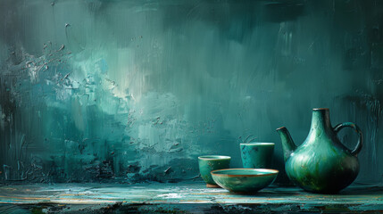 Painting of Green vases and bowls on a table against blue wall with copy space