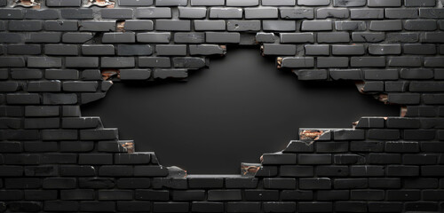 A black brick wall with a jagged, mysterious gap in the center.
