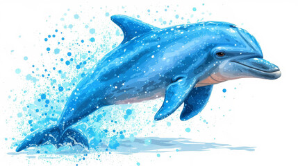 A blue dolphin leaping out of the ocean with water splashing around it