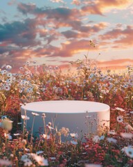 Showcase podium in a field of flowers at dawn - Perfectly crafted for product presentations, a white podium stands among a multitude of flowers against a morning sky