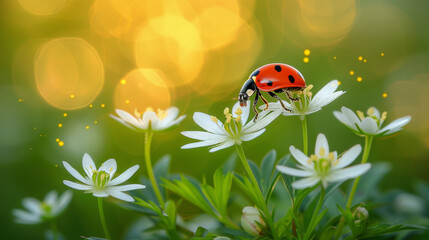 Ladybug perched on top of blooming stellaria holostea flower