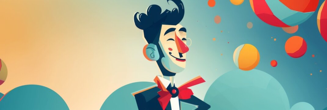 Smiling cartoon businessman floating - A joyful, animated character in a business suit levitating among surreal colorful spheres