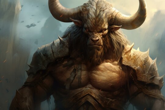 Mythical Minotaur myth with man warrior illustration. Evil beast creature near rock cave. Generate Ai