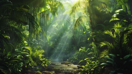 Sunlit pathway through a tropical jungle - Serene light filters through the dense canopy of the jungle, highlighting a gentle path - obrazy, fototapety, plakaty