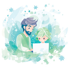 Illustration of dad and child with laptop. Distance learning for children, online courses, IT technology training. Dad plays with his child at the computer. Dad teaches the child. Family learning.