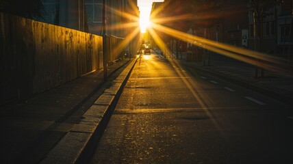 Sunrise on an urban street - The morning sun casting long shadows and illuminating an empty city street