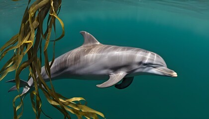 A Dolphin Swimming Gracefully Through A Kelp Fores