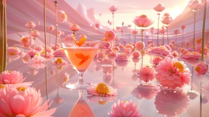 a glass filled with a drink sitting on top of a table next to a bunch of pink flowers on top of a table.