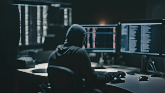 Stealthy, hooded hacker hacks into server in dark room and steals data from computer. Cyber security and vulnerability of personal data.