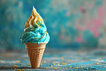 Swirl of Fantasy - Swirled blue and yellow ice cream cone with sprinkles