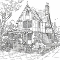 Vintage English House, Coloring Book, Drawing Imitation, Abstract Generative AI Illustration