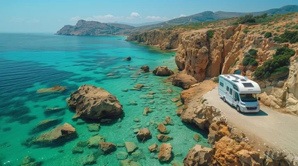 Photo sur Plexiglas Atlantic Ocean Road RV drives along ocean, admiring water, beach, sky, and coastal landscape