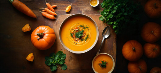 Pumpkin or Carrot Soup, Rustic Comfort Food Served in a Beige Bowl on an Old Wooden Table