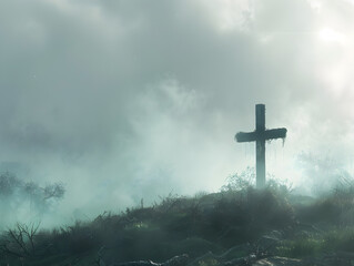 Holy cross symbolizing death and resurrection of Jesus Christ, shrouded in light and clouds. - obrazy, fototapety, plakaty