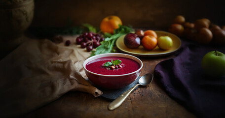 Ukrainian Borscht: Traditional Beetroot Soup Served in a Stylish Presentation on an Old-Fashioned Board, Accompanied by Fresh Apples and Burgundy Accents