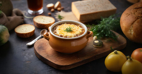 Soupe à l'oignon: Classic French Onion Soup Served with Cheesy Topping in a Stylish Presentation