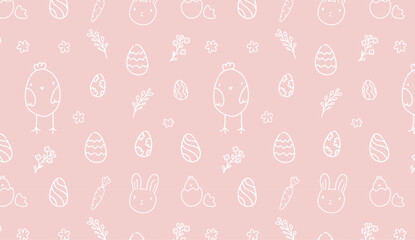 Easter seamless pattern with rabbits, chickens, eggs, and flowers on soft pink background. Hand-drawn children style illustration for spring design and greeting cards. Colourful vector art.
