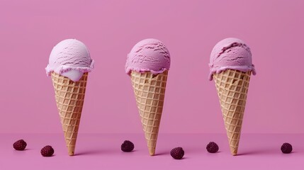 three ice cream cones with raspberries lined up in a row on a pink background with a pink background.