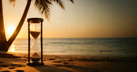 Hourglass on the beach measuring time until the beginning or end of vacation