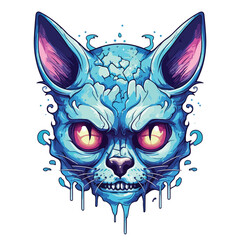 Funny blue cat inside skull head illustration 