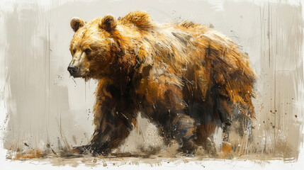  a painting of a brown bear walking on a white and gray background with brown spots on it's fur.