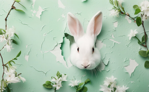 White rabbit peeking through pastel green paper with white flowers. Creative Easter concept