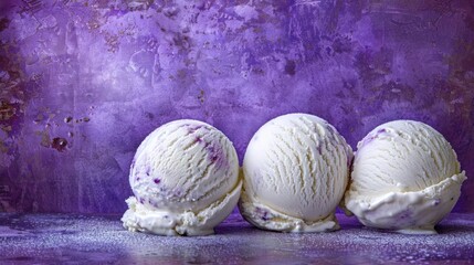 three scoops of ice cream sit in a row on a purple surface with a purple wall in the background.