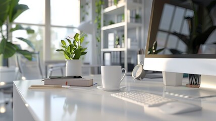 Horizontal AI illustration modern workspace with computer and coffee cup. Technology concept.