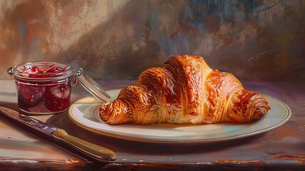 Horizontal AI illustration croissant and jam on painted table. Meal concept.