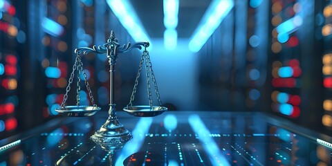A digital law concept scales of justice in a data center. Concept Digital Law, Scales of Justice, Data Center, Legal Technology, Cybersecurity