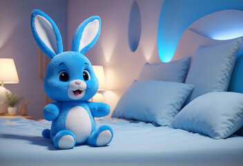 Adorable very happy smiling plush rabbit on the bed in a bright bedroom. very minimalistic background