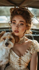 vintage young female in formal clothes with makeup sitting with adorable dog in old fashioned car at daylight