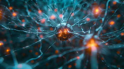 Close up active nerve cells. Human brain stimulation or activity with neurons, level of mind, intellectual achievements, possibility of people's intelligence, development of mental abilities concept