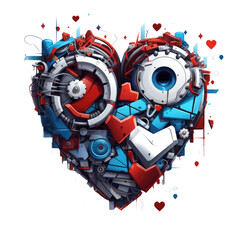Heart made up of scraps of robot wood. 2D vector. White background.