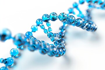 DNA RNA chain of blue glass beads isolated on white background