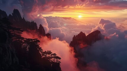 Breathtaking mountain sunset with vibrant skies - A serene landscape capturing the ethereal beauty of a mountain sunset with vibrant skies and soft cloud textures