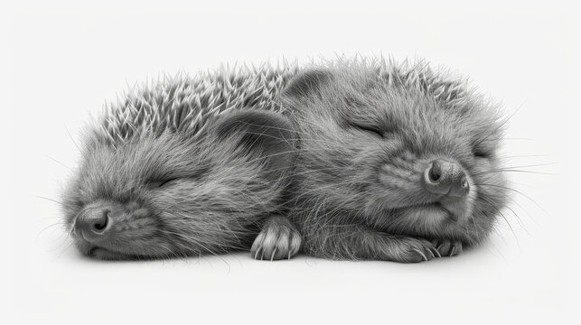  a black and white photo of two hedgehogs sleeping side by side with their heads on each other's heads.