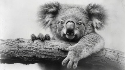  a black and white photo of a koala sitting on a tree branch with it's head on a branch.