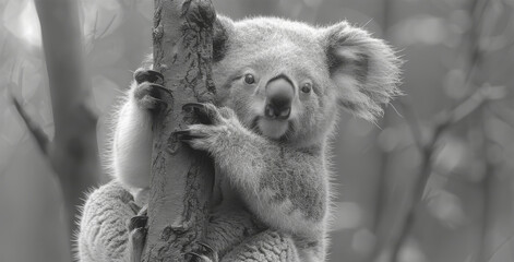 Fototapeta premium a black and white photo of a koala bear on a tree with it's head on a branch.